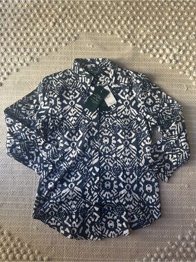 Lauren Ralph Lauren Blue and White Print Top 3/4 Sleeves Size XSmall NWT